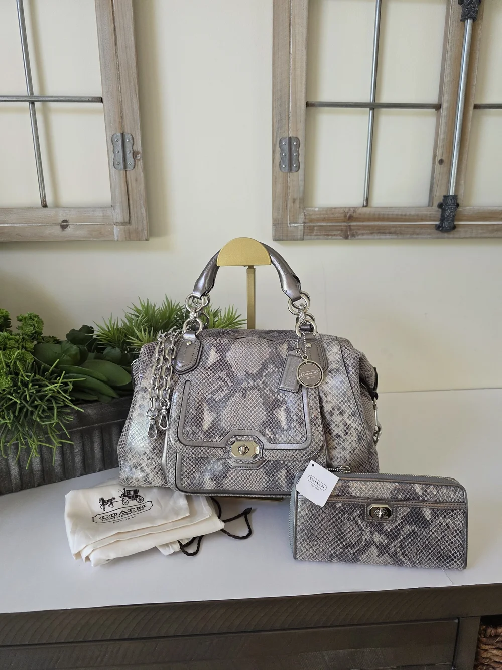 Coach Campbell  Embossed Leather Large Satchel Wallet Set Neutral Snakeskin